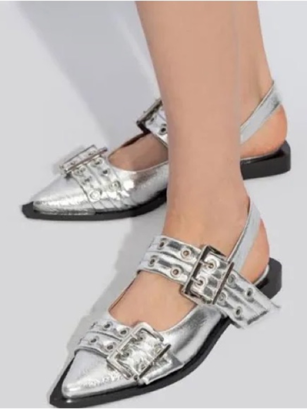 Steve Madden Silver Pointed Slingback Flats with Buckle Straps